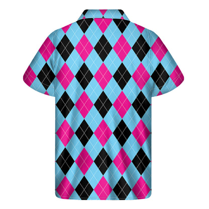 Blue Pink And Black Argyle Pattern Print Men's Short Sleeve Shirt
