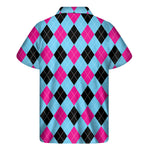 Blue Pink And Black Argyle Pattern Print Men's Short Sleeve Shirt