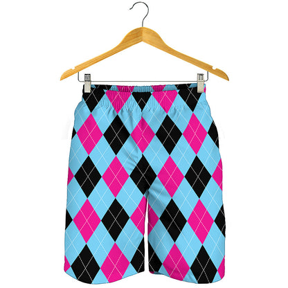 Blue Pink And Black Argyle Pattern Print Men's Shorts