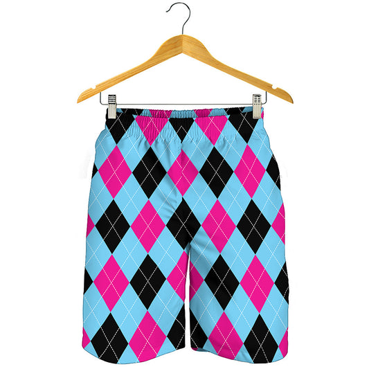 Blue Pink And Black Argyle Pattern Print Men's Shorts