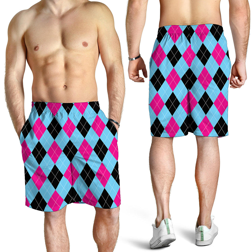 Blue Pink And Black Argyle Pattern Print Men's Shorts