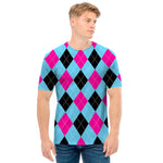 Blue Pink And Black Argyle Pattern Print Men's T-Shirt