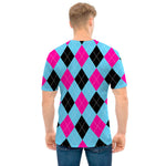 Blue Pink And Black Argyle Pattern Print Men's T-Shirt