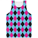 Blue Pink And Black Argyle Pattern Print Men's Tank Top