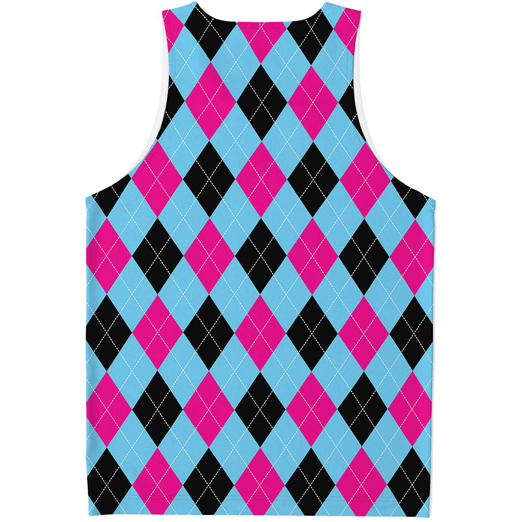 Blue Pink And Black Argyle Pattern Print Men's Tank Top
