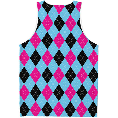 Blue Pink And Black Argyle Pattern Print Men's Tank Top