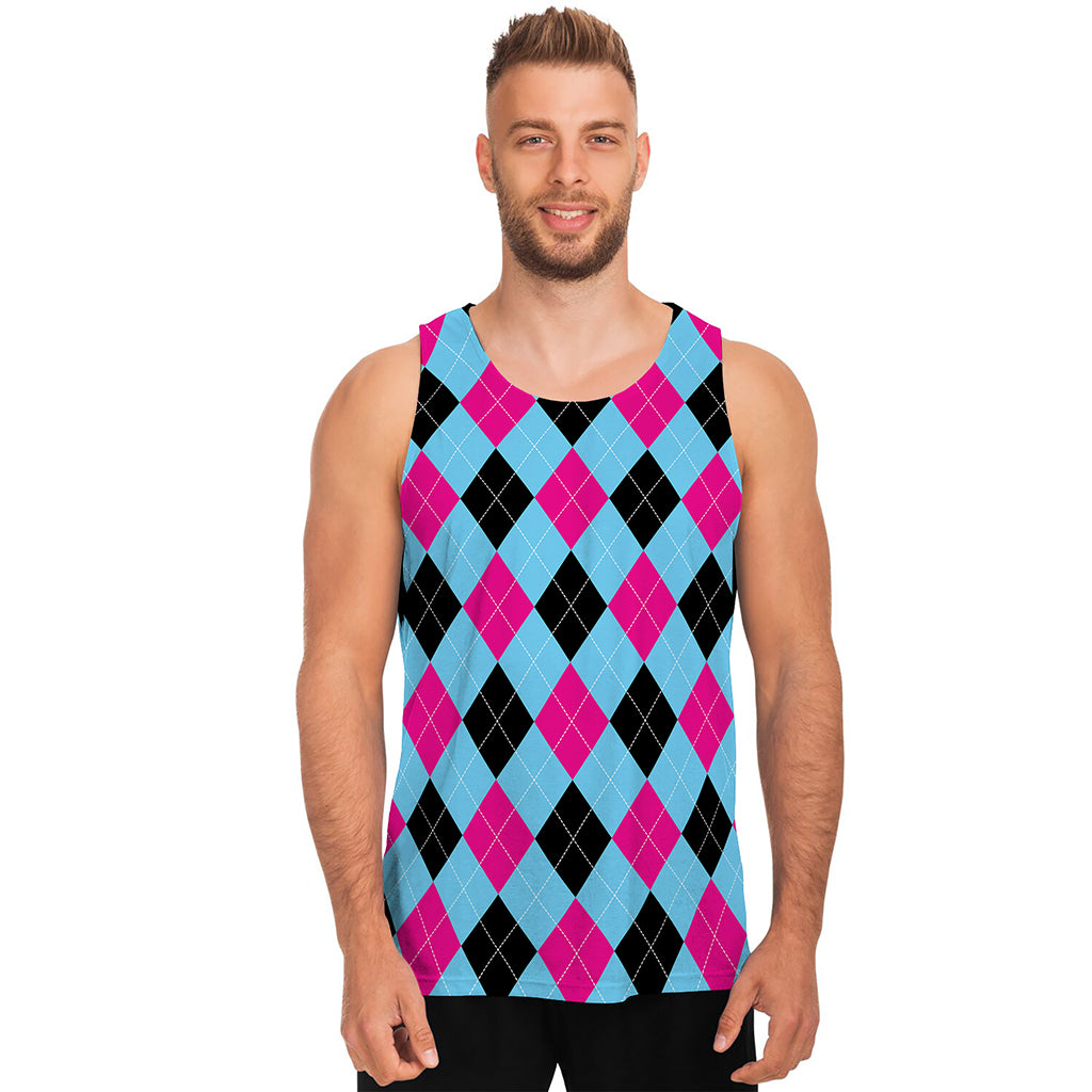Blue Pink And Black Argyle Pattern Print Men's Tank Top