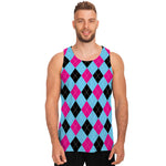 Blue Pink And Black Argyle Pattern Print Men's Tank Top