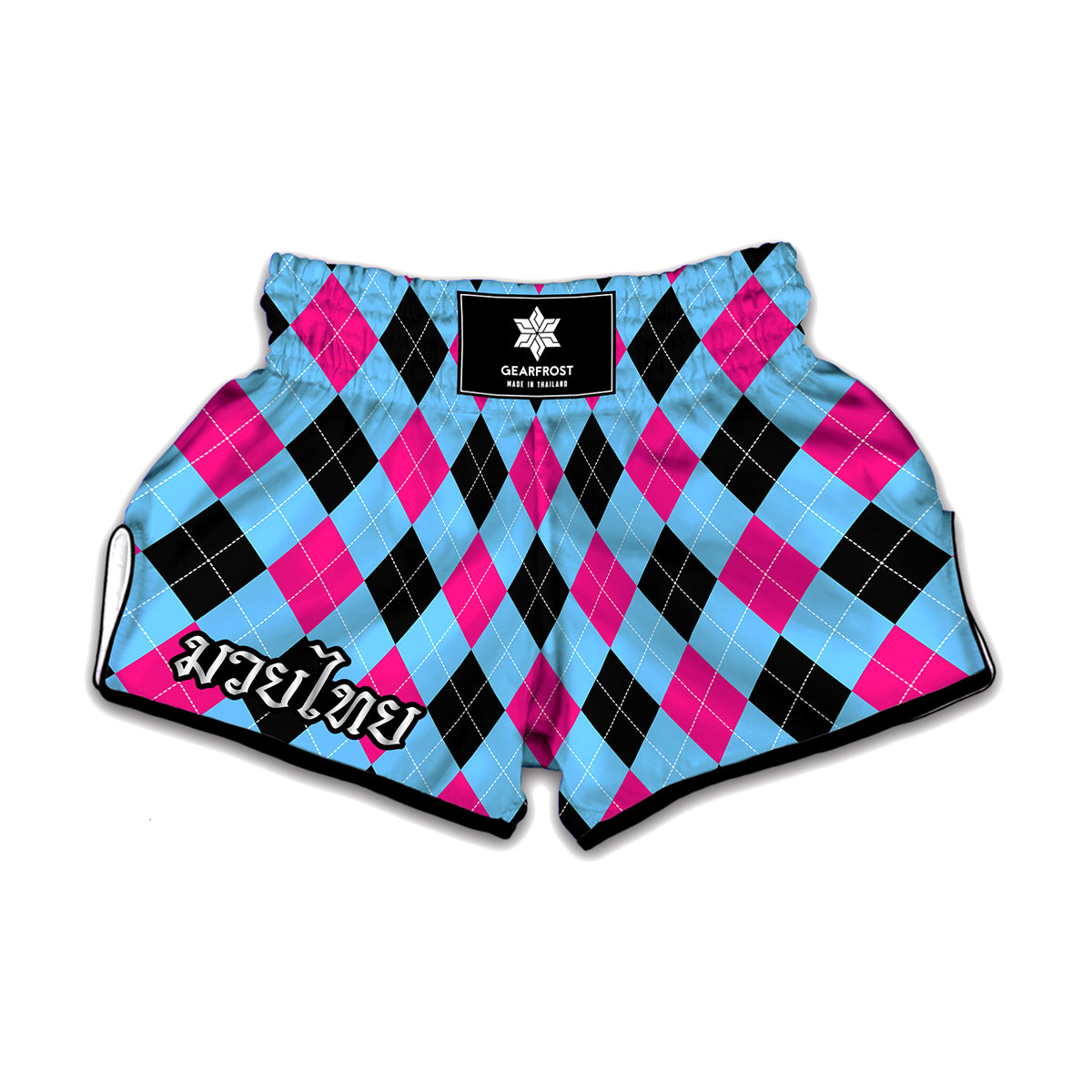 Blue Pink And Black Argyle Pattern Print Muay Thai Boxing Shorts
