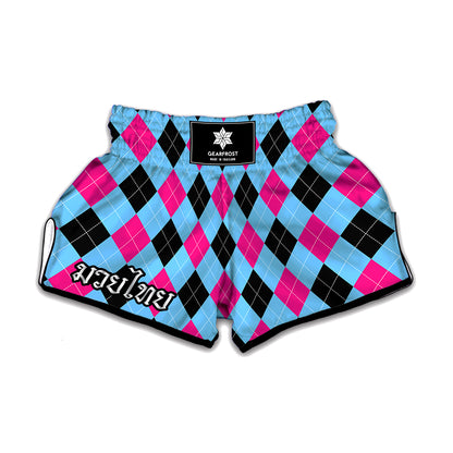 Blue Pink And Black Argyle Pattern Print Muay Thai Boxing Shorts