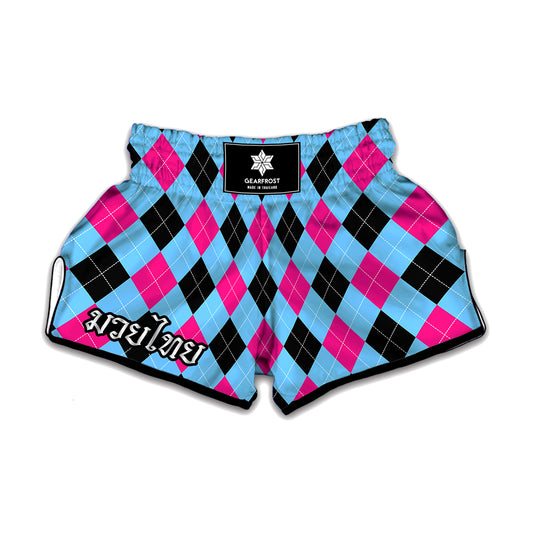 Blue Pink And Black Argyle Pattern Print Muay Thai Boxing Shorts