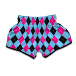 Blue Pink And Black Argyle Pattern Print Muay Thai Boxing Shorts