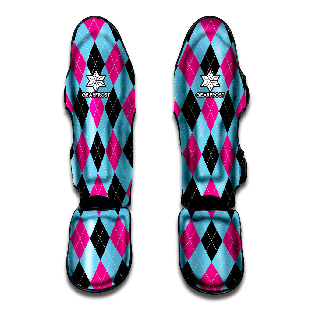 Blue Pink And Black Argyle Pattern Print Muay Thai Shin Guard