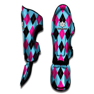 Blue Pink And Black Argyle Pattern Print Muay Thai Shin Guard