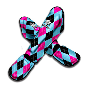 Blue Pink And Black Argyle Pattern Print Muay Thai Shin Guard