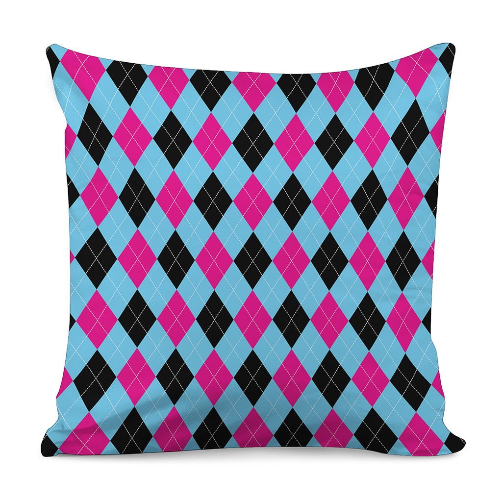 Blue Pink And Black Argyle Pattern Print Pillow Cover