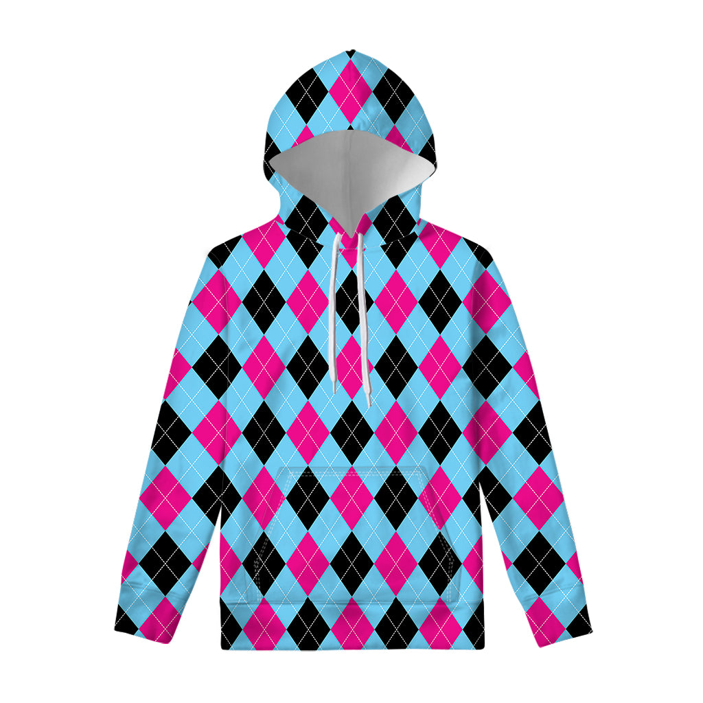 Blue Pink And Black Argyle Pattern Print Pullover Hoodie