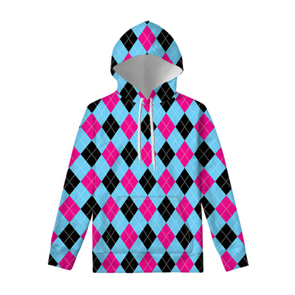 Blue Pink And Black Argyle Pattern Print Pullover Hoodie