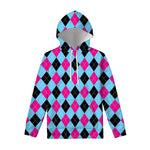 Blue Pink And Black Argyle Pattern Print Pullover Hoodie