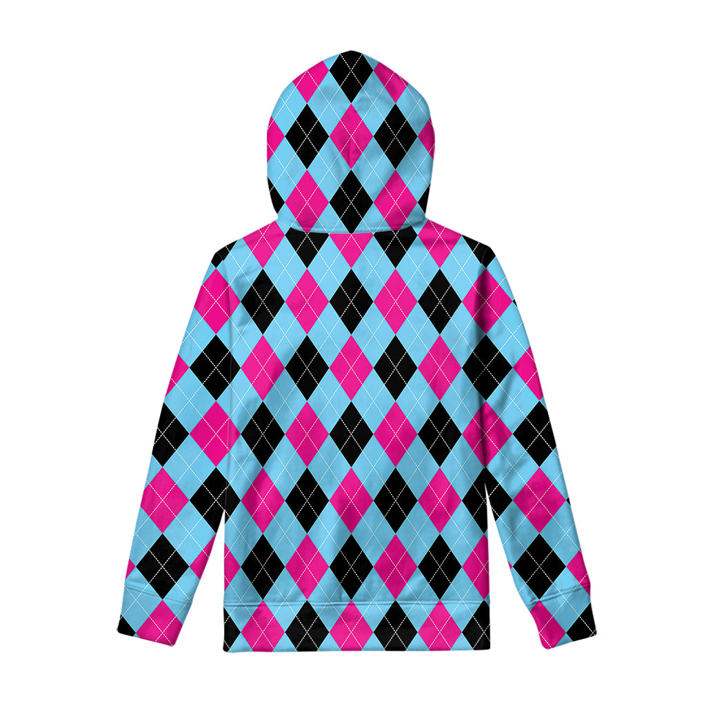 Blue Pink And Black Argyle Pattern Print Pullover Hoodie