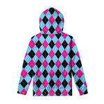 Blue Pink And Black Argyle Pattern Print Pullover Hoodie