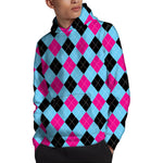 Blue Pink And Black Argyle Pattern Print Pullover Hoodie