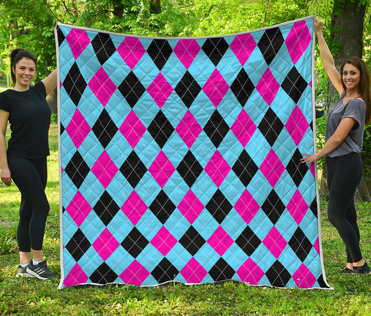 Blue Pink And Black Argyle Pattern Print Quilt