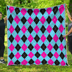 Blue Pink And Black Argyle Pattern Print Quilt