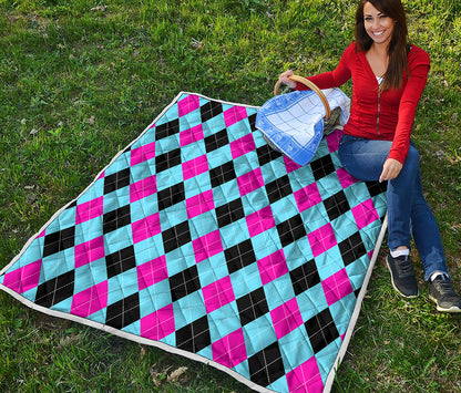 Blue Pink And Black Argyle Pattern Print Quilt