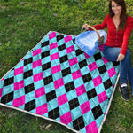 Blue Pink And Black Argyle Pattern Print Quilt