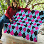 Blue Pink And Black Argyle Pattern Print Quilt