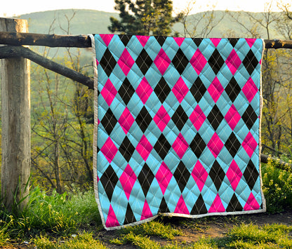 Blue Pink And Black Argyle Pattern Print Quilt