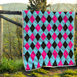 Blue Pink And Black Argyle Pattern Print Quilt
