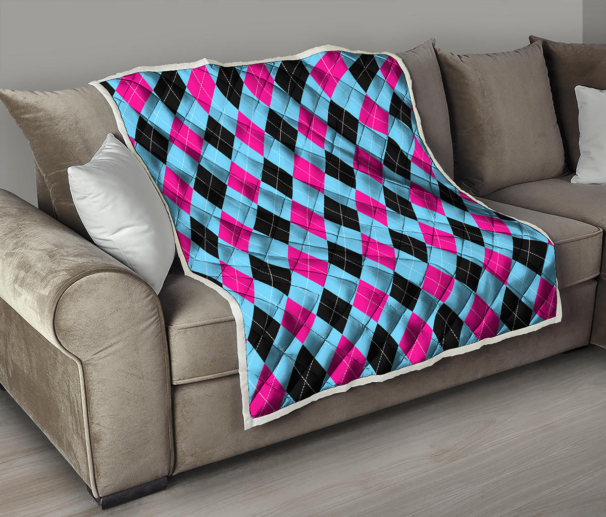 Blue Pink And Black Argyle Pattern Print Quilt