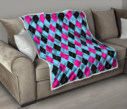 Blue Pink And Black Argyle Pattern Print Quilt