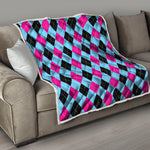 Blue Pink And Black Argyle Pattern Print Quilt