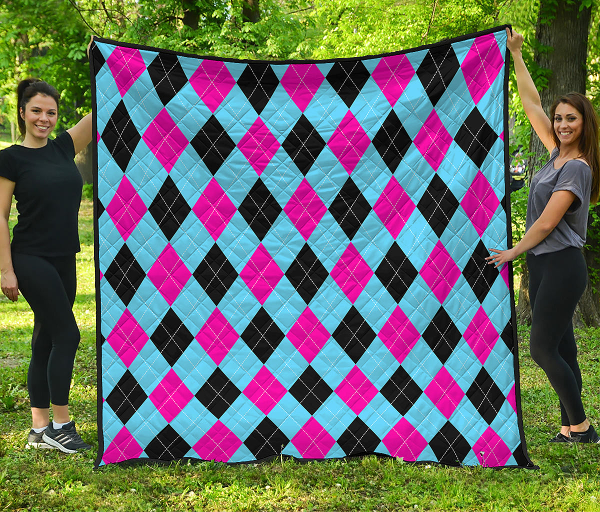 Blue Pink And Black Argyle Pattern Print Quilt