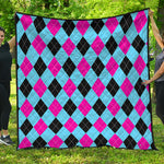 Blue Pink And Black Argyle Pattern Print Quilt