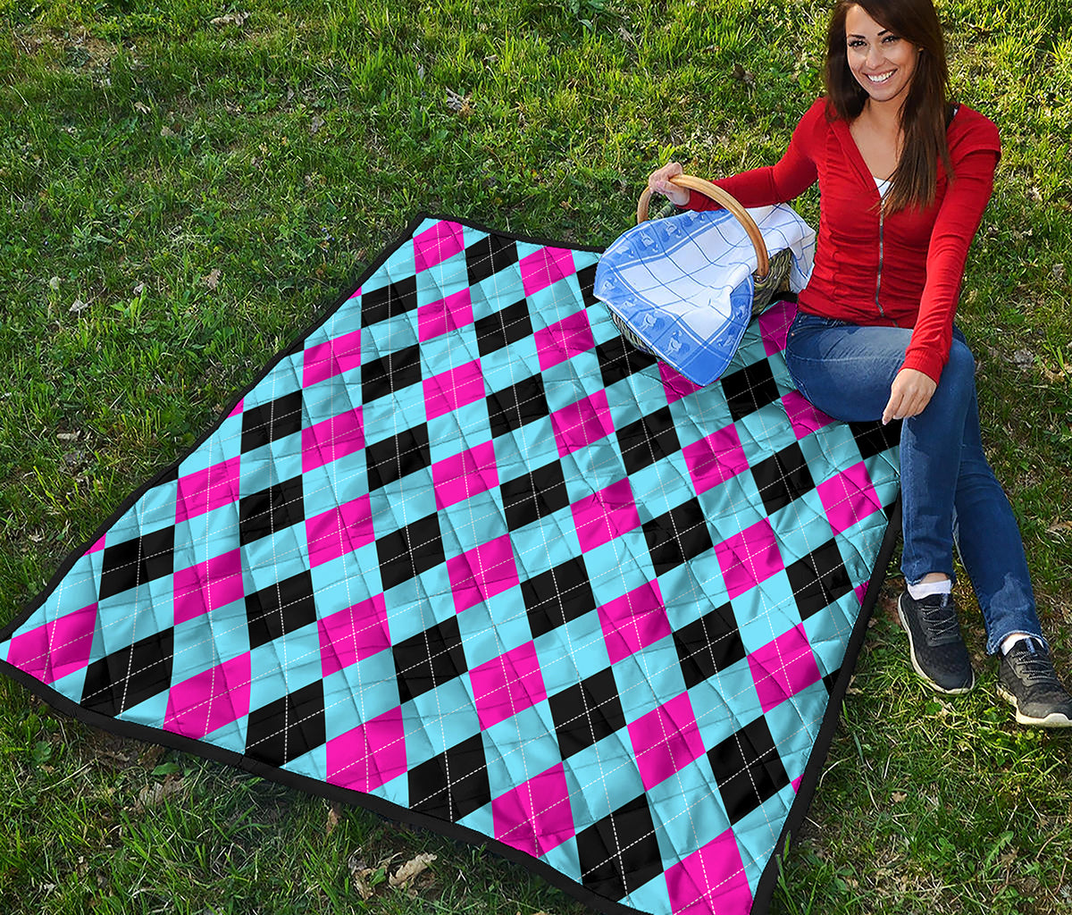 Blue Pink And Black Argyle Pattern Print Quilt