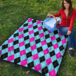 Blue Pink And Black Argyle Pattern Print Quilt