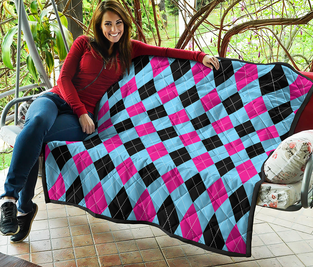 Blue Pink And Black Argyle Pattern Print Quilt