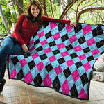 Blue Pink And Black Argyle Pattern Print Quilt