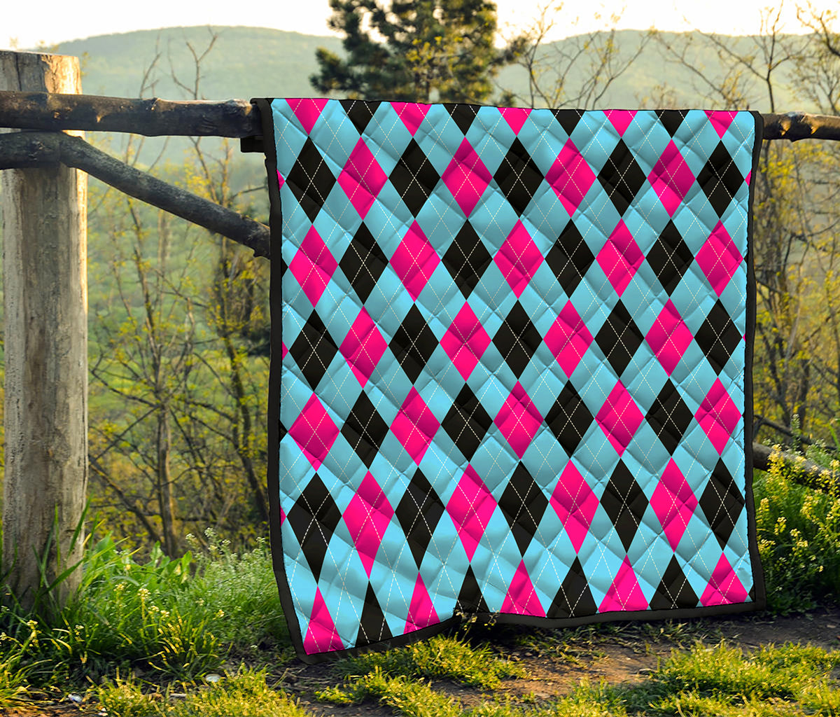 Blue Pink And Black Argyle Pattern Print Quilt