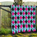 Blue Pink And Black Argyle Pattern Print Quilt