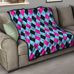 Blue Pink And Black Argyle Pattern Print Quilt