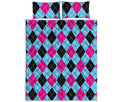 Blue Pink And Black Argyle Pattern Print Quilt Bed Set