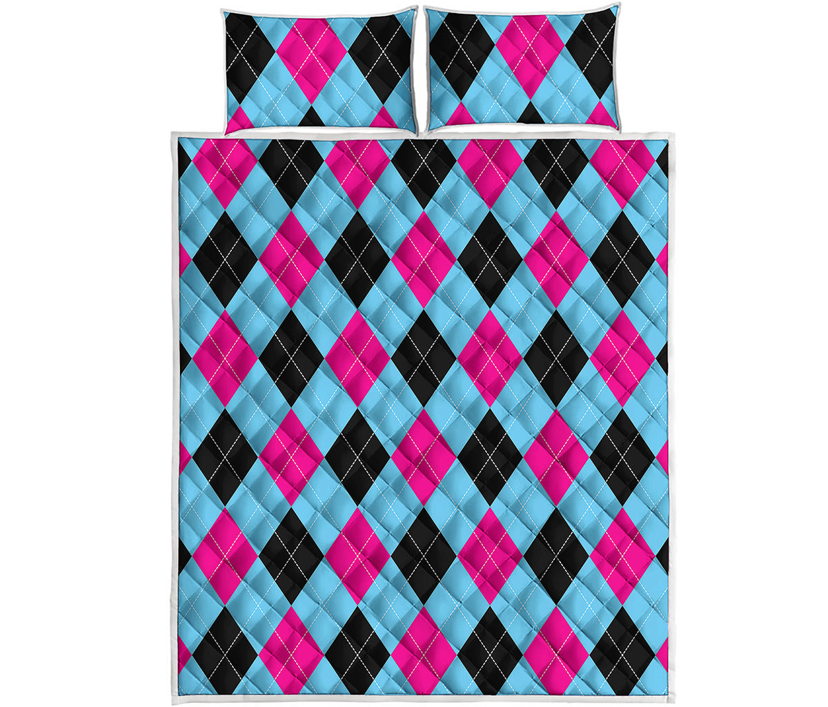 Blue Pink And Black Argyle Pattern Print Quilt Bed Set