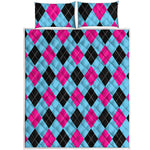 Blue Pink And Black Argyle Pattern Print Quilt Bed Set