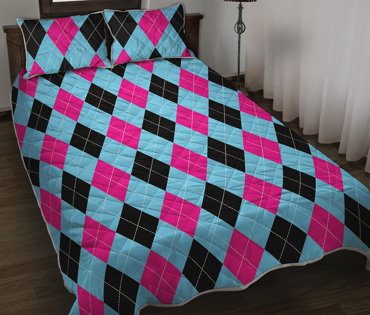 Blue Pink And Black Argyle Pattern Print Quilt Bed Set