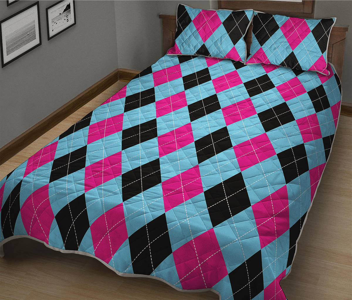 Blue Pink And Black Argyle Pattern Print Quilt Bed Set